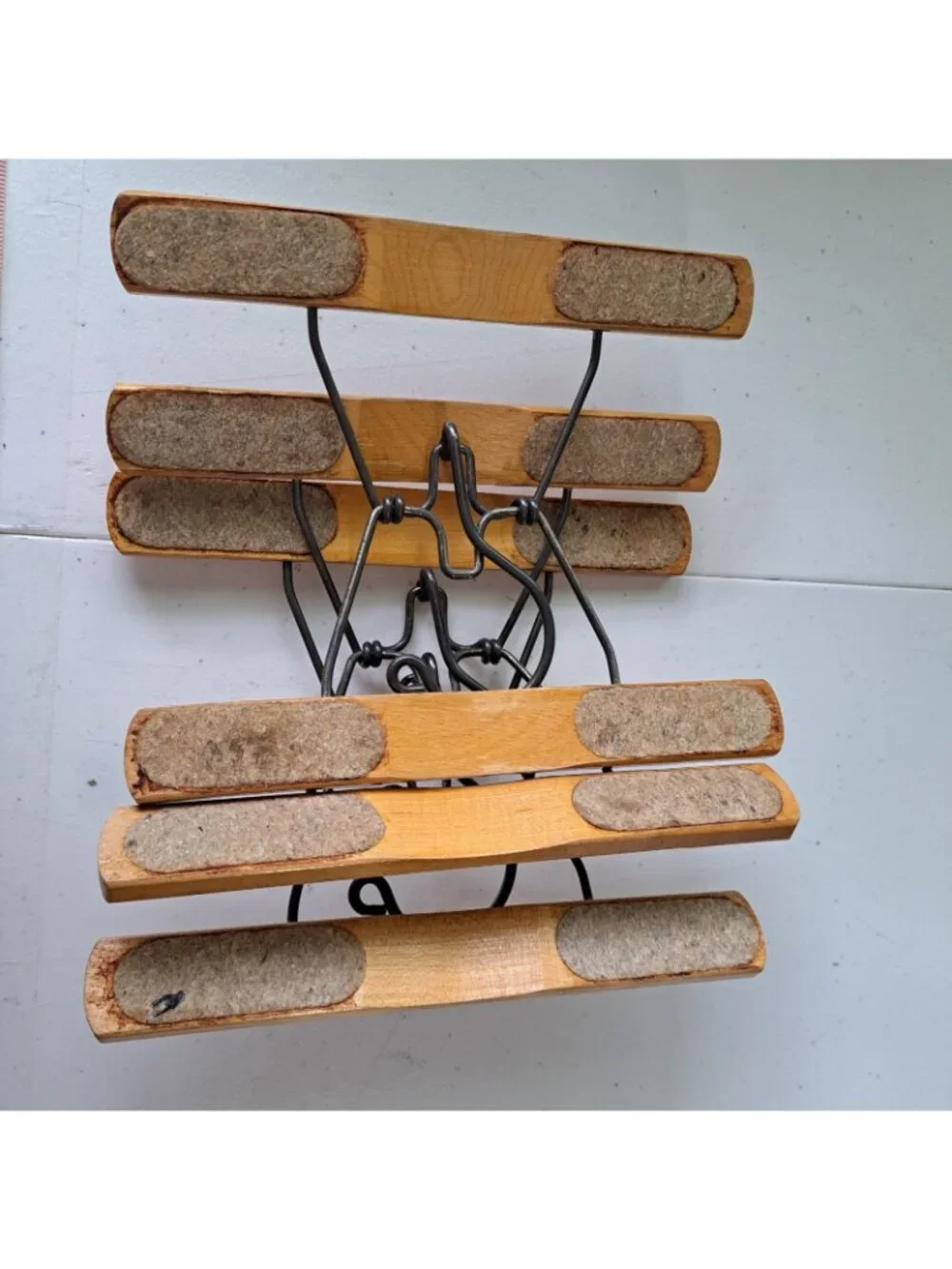 3 Pc Set VTG Wooden Metal Pants Skirt Hangers Padded Clamp 9